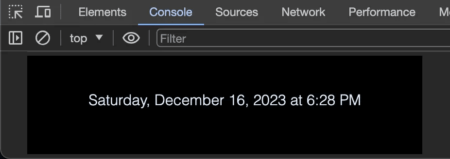 The user’s locale’s current date and time being rendered inside of an SVG within the dev tools console.
