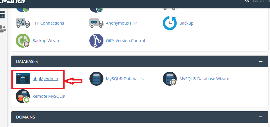 Click the phpMyAdmin from cPanel