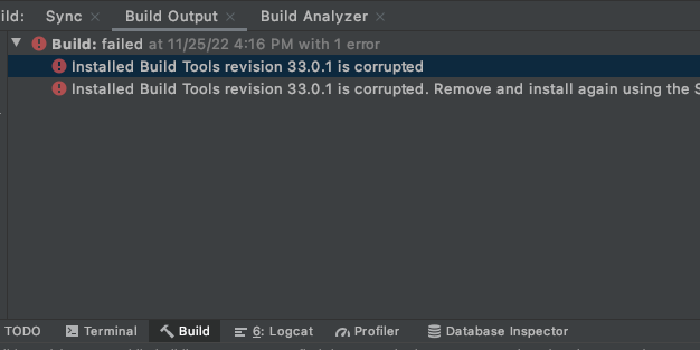 [Android] Build failed: Installed Build Tools revision 33.0.1 is corrupted...