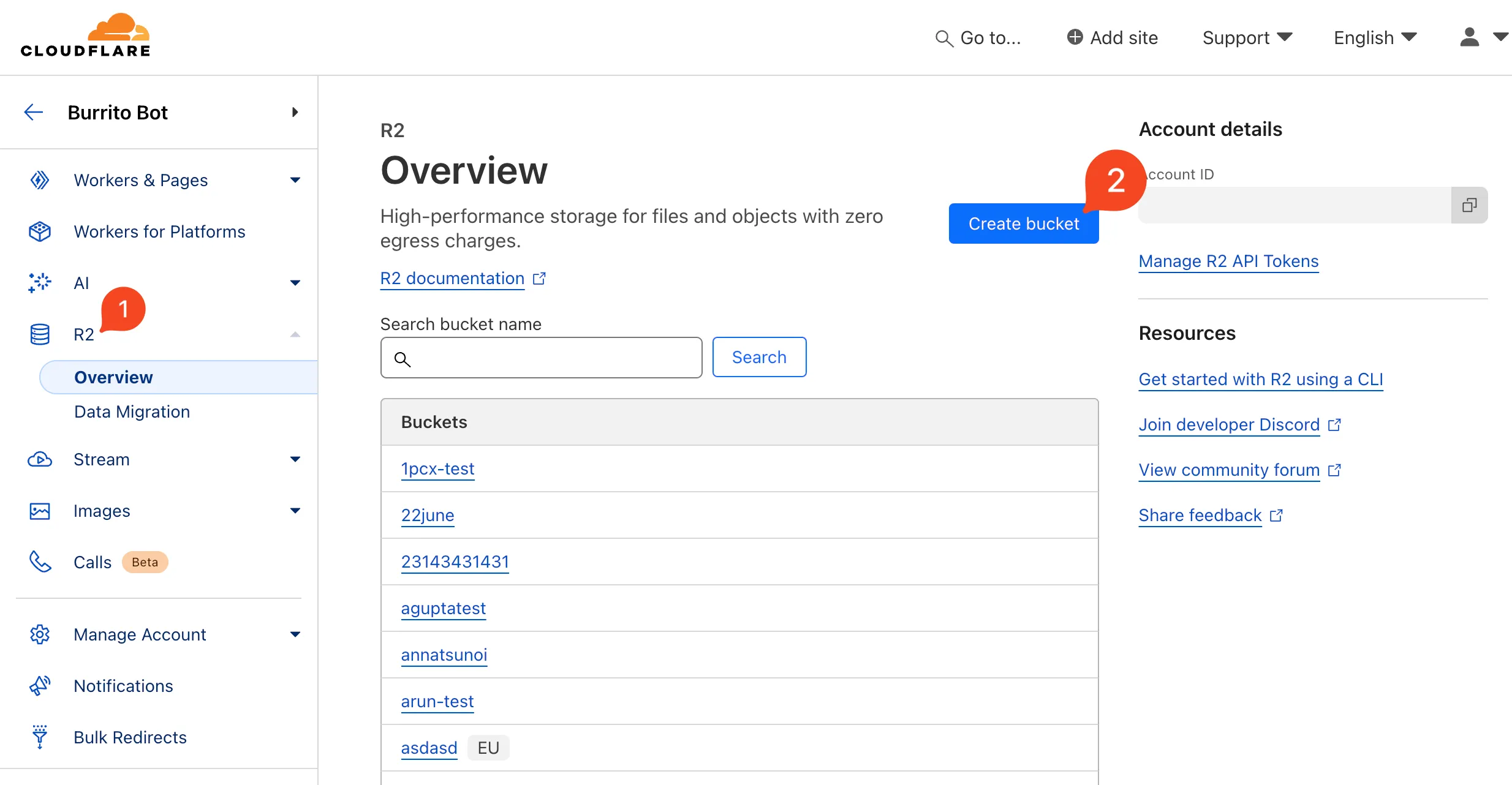 Cloudflare R2 bucket creation screen